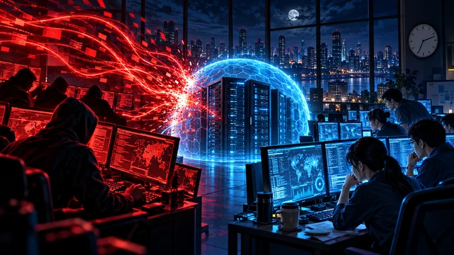 深夜のサーバーを挟み、赤い攻撃側と青い防御側がせめぎ合うイメージ