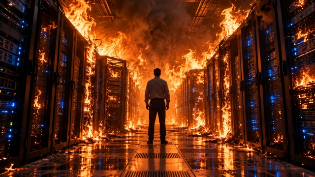 炎上するサーバールームの通路で立ち尽くす人物